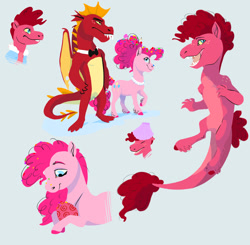 Size: 1280x1255 | Tagged: safe, artist:sandieflower, garble, pinkie pie, oc, oc:crumble, dracony, dragon, earth pony, hybrid, pony, g4, alternate hairstyle, crack ship offspring, crack shipping, dragon egg, female, interspecies offspring, male, offspring, parent:garble, parent:pinkie pie, shipping, simple background, straight, white background