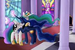 Size: 1280x853 | Tagged: safe, artist:thatpinksphinx, princess celestia, princess luna, alicorn, pony, a royal problem, g4, carpet, checkered floor, commission, eyes closed, female, hug, mare, pillar, red carpet, royal sisters, sibling love, siblings, sisterly love, sisters, smiling, stained glass, swapped cutie marks