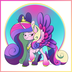 Size: 1280x1280 | Tagged: safe, artist:will-owl-the-wisp, princess cadance, alicorn, pony, g4, colored wings, feathered fetlocks, female, mare, multicolored wings, raised hoof, solo, spread wings, unshorn fetlocks, wings