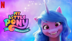 Size: 1246x706 | Tagged: safe, izzy moonbow, pony, unicorn, g5, my little pony: a new generation, abstract background, hi new friend, looking at you, my little pony: a new generation logo, netflix, netflix logo, smiling, smiling at you