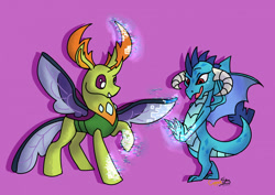 Size: 1280x906 | Tagged: safe, artist:coppergoblin, princess ember, thorax, changedling, changeling, dragon, robot, g4, dragoness, female, grin, king thorax, nanobots, open mouth, purple background, roboticization, simple background, smiling, transformation, transformation sequence