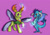 Size: 1280x906 | Tagged: safe, artist:coppergoblin, princess ember, thorax, changedling, changeling, dragon, robot, g4, dragoness, female, grin, king thorax, nanobots, open mouth, purple background, roboticization, simple background, smiling, transformation, transformation sequence