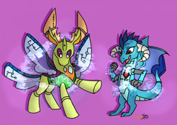Size: 1280x906 | Tagged: safe, artist:coppergoblin, princess ember, thorax, changedling, changeling, dragon, robot, g4, dragoness, female, king thorax, nanobots, open mouth, purple background, roboticization, simple background, transformation, transformation sequence