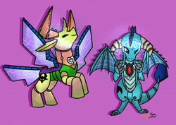 Size: 1280x906 | Tagged: safe, artist:coppergoblin, princess ember, thorax, changedling, changeling, dragon, robot, g4, dragoness, eyes closed, female, king thorax, nanobots, one eye closed, purple background, roboticization, simple background, smiling, transformation, transformation sequence