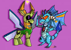 Size: 1280x906 | Tagged: safe, artist:coppergoblin, princess ember, thorax, changedling, changeling, dragon, robot, g4, dragoness, female, grin, king thorax, open mouth, open smile, purple background, roboticization, simple background, smiling, transformation, transformation sequence