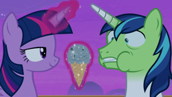 Size: 1280x720 | Tagged: safe, screencap, shining armor, twilight sparkle, alicorn, pony, unicorn, g4, once upon a zeppelin, season 7, airship, airsick armor, female, food, green face, ice cream, ice cream cone, magic, male, mare, siblings, smiling, smug, smuglight sparkle, stallion, telekinesis, twilight sparkle (alicorn), zeppelin