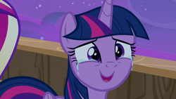 Size: 1280x720 | Tagged: safe, screencap, princess cadance, twilight sparkle, alicorn, pony, g4, once upon a zeppelin, season 7, airship, crying, cute, female, happy, mare, offscreen character, open mouth, solo focus, tears of joy, twiabetes, twilight sparkle (alicorn), zeppelin