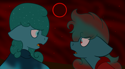 Size: 1999x1099 | Tagged: safe, artist:derpy_the_duck, oc, oc:aurora, oc:dark aurora, earth pony, pony, antagonist, cape, clothes, eclipse, looking at each other, multiverse, space, superhero