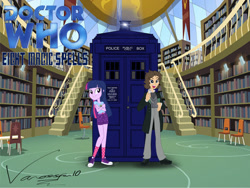 Size: 1280x960 | Tagged: safe, artist:edcom02, artist:jmkplover, artist:vanossfan10, doctor whooves, sci-twi, time turner, twilight sparkle, equestria girls, g4, canterlot high, clothes, cravat, crossover, doctor who, eighth doctor, fob watch, frock coat, library, logo, paul mcgann, pocket watch, tardis, the doctor, title card, waistcoat