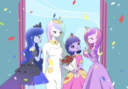 Size: 2732x1909 | Tagged: safe, artist:glitterrrrr, princess cadance, princess celestia, princess luna, twilight sparkle, equestria girls, g4, bouquet, clothes, confetti, coronation dress, crown, cutie mark, cutie mark on clothes, dress, element of magic, flower, jewelry, open mouth, regalia, rose, royal sisters, siblings, sisters