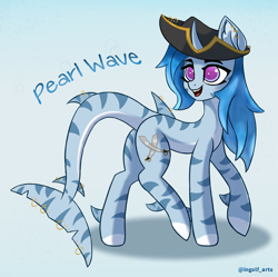 Size: 1880x1874 | Tagged: safe, artist:ingolf arts, oc, oc only, oc:pearl wave, original species, pony, shark, shark pony, unicorn, digital art, female, fish tail, hat, hight high res, horn, mare, open mouth, open smile, pirate, pirate hat, simple background, smiling, solo, tail