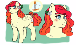 Size: 1600x960 | Tagged: safe, artist:daydreamdollop, oc, oc only, oc:cherub aura, pegasus, pony, blushing, chubby, female, flower, flower in hair, mare, offspring, parent:tree hugger, parent:zephyr breeze, parents:zephyrhugger, rose, solo