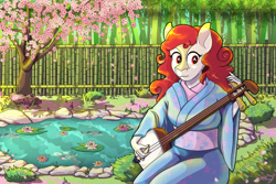 Size: 1280x854 | Tagged: safe, artist:littletigressda, oc, oc only, kirin, anthro, fanfic:questionable ethics, bamboo, cherry blossoms, clothes, fence, flower, flower blossom, japan, japanese, kimono (clothing), lilypad, musical instrument, pond, shamisen, solo, tree