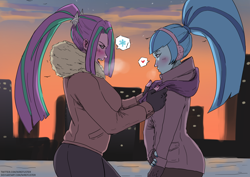 Size: 2480x1754 | Tagged: safe, artist:nire, aria blaze, sonata dusk, equestria girls, g4, blushing, building, clothes, female, fingerless gloves, gloves, lesbian, ponytail, scarf, ship:arisona, shipping, sky, snow, sunset, winter outfit