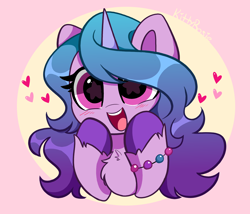 Size: 4648x3976 | Tagged: safe, artist:kittyrosie, izzy moonbow, pony, unicorn, g5, abstract background, absurd resolution, blushing, bracelet, chest fluff, cute, female, floating heart, hair over one eye, heart, hooves on cheeks, izzybetes, jewelry, looking at you, mare, open mouth, open smile, smiling, solo, starry eyes, unshorn fetlocks, wingding eyes