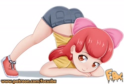 Size: 2480x1676 | Tagged: safe, artist:focusb, apple bloom, human, g4, adorabloom, child, clothes, cute, derail in the comments, face down ass up, female, humanized, jack-o challenge, looking at you, meme, patreon, shoes, shorts, simple background, smiling, solo, url, white background