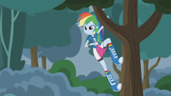 Size: 3410x1920 | Tagged: safe, screencap, rainbow dash, equestria girls, g4, my little pony equestria girls: friendship games, pinkie spy (short), boots, clothes, compression shorts, cutie mark, cutie mark on clothes, female, hanging, jacket, open clothes, open jacket, shoes, shorts, skirt, skirt lift, smiling, socks, solo, spying, tree, tree branch, wristband
