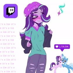 Size: 2048x2048 | Tagged: safe, artist:yoonbummy, starlight glimmer, trixie, human, pony, unicorn, equestria girls, g4, beanie, bipedal, blushing, hat, high res, undressing
