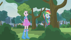 Size: 3410x1920 | Tagged: safe, screencap, pinkie pie, rainbow dash, equestria girls, g4, my little pony equestria girls: friendship games, pinkie spy (short), boots, clothes, cutie mark, cutie mark on clothes, female, high res, shoes, smiling