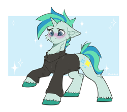 Size: 3543x3138 | Tagged: safe, artist:dorkmark, oc, oc only, pony, unicorn, cheek fluff, clothes, confused, floppy ears, high res, male, solo, stallion, stars, sweater