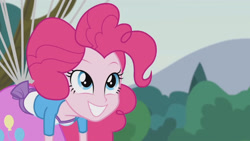 Size: 3410x1920 | Tagged: safe, screencap, pinkie pie, equestria girls, g4, my little pony equestria girls: friendship games, pinkie spy (short), balloon, clothes, cute, cutie mark, cutie mark on clothes, diapinkes, female, floating, grin, high res, smiling, solo, then watch her balloons lift her up to the sky