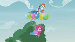 Size: 3410x1920 | Tagged: safe, screencap, pinkie pie, rainbow dash, equestria girls, g4, my little pony equestria girls: friendship games, pinkie spy (short), balloon, boots, cartoon physics, clothes, cute, cutie mark, cutie mark on clothes, diapinkes, female, floating, grin, high res, party balloon, pinkie being pinkie, pinkie physics, shoes, smiling, socks, then watch her balloons lift her up to the sky