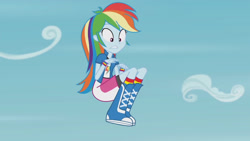 Size: 3410x1920 | Tagged: safe, screencap, rainbow dash, equestria girls, g4, my little pony equestria girls: friendship games, pinkie spy (short), boots, clothes, cutie mark, cutie mark on clothes, female, high res, shoes, sky, solo