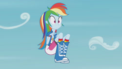 Size: 3410x1920 | Tagged: safe, screencap, rainbow dash, equestria girls, g4, my little pony equestria girls: friendship games, pinkie spy (short), blue skin, boots, clothes, cutie mark, cutie mark on clothes, female, floating, high res, kneesocks, multicolored hair, oh crap face, pink eyes, rainbow hair, shirt, shoes, shrunken pupils, skirt, sky, socks, solo, uh oh, wide eyes, wristband