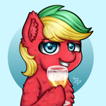 Size: 3000x3000 | Tagged: safe, artist:yumomochan, oc, alcohol, beer, blue eyes, bust, commission, ear fluff, fluffy, gritted teeth, high res, male, portrait, smiling, stallion, teeth, two toned hair