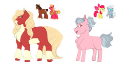 Size: 1280x745 | Tagged: safe, artist:vintage-rec, apple bloom, big macintosh, silver spoon, trouble shoes, oc, earth pony, pony, g4, chest fluff, coat markings, female, filly, gay, lesbian, magical gay spawn, magical lesbian spawn, male, offspring, parent:apple bloom, parent:big macintosh, parent:silver spoon, parent:trouble shoes, parents:applespoon, parents:troublemac, ship:applespoon, shipping, simple background, socks (coat markings), stallion, troublemac, unshorn fetlocks, white background