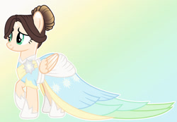 Size: 1280x888 | Tagged: safe, artist:cindystarlight, oc, oc only, oc:cindy, pegasus, pony, clothes, dress, female, gradient background, green eyes, hoof shoes, mare, smiling, solo, white outline