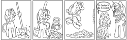 Size: 1000x320 | Tagged: safe, artist:zhaozoharex, rarity, sweetie belle, pony, unicorn, g4, calvin and hobbes, comic, female, monochrome, mud, mud mask, ponified, rarity is not amused, simple background, unamused, white background