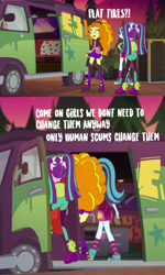 Size: 720x1199 | Tagged: safe, derpibooru exclusive, edit, edited screencap, editor:electrahybrida, screencap, adagio dazzle, aria blaze, sonata dusk, equestria girls, equestria girls series, g4, sunset's backstage pass!, spoiler:eqg series (season 2), converse, dodge a100, flat tire, not salmon, shoes, the dazzlings, the dazzlings tour bus, this will not end well, wat
