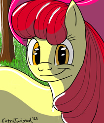 Size: 1600x1900 | Tagged: safe, artist:tidus2047, apple bloom, earth pony, pony, g4, female, filly, looking at you, solo, tree