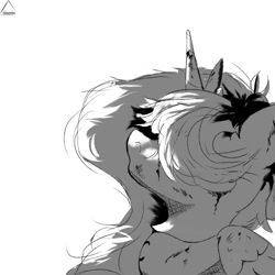 Size: 1024x1024 | Tagged: safe, artist:glazirka, princess luna, alicorn, pony, g4, blood, hair covering face, hidden eyes, meme, monochrome, simple background, solo, tokyo ghoul, white background