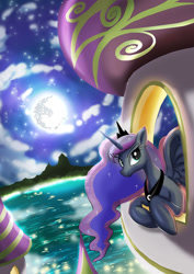 Size: 1024x1449 | Tagged: safe, artist:neoshrek, princess luna, alicorn, pony, g4, canterlot, mare in the moon, moon, night, solo, stars