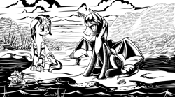 Size: 4256x2364 | Tagged: safe, artist:lexx2dot0, oc, oc only, oc:blackjack, oc:stygius, bat pony, pony, unicorn, fallout equestria, fallout equestria: project horizons, series:ph together we reread, bat pony oc, black and white, clothes, duo, fanfic art, grayscale, horn, monochrome, pipbuck, small horn, wet, wet mane