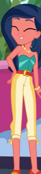 Size: 153x635 | Tagged: safe, screencap, desert sage, equestria girls, equestria girls series, g4, sunset's backstage pass!, spoiler:eqg series (season 2), ^^, bare shoulders, bracelet, bustier, clothes, cropped, cute, eyes closed, giggling, hand on hip, jewelry, khakis, necklace, pants, pearl necklace, sandals, shoes, sleeveless, solo, strapless, tube top