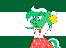 Size: 3509x2550 | Tagged: safe, artist:sparkfler85, derpibooru exclusive, oc, oc only, oc:lucia hooves, earth pony, pony, andalusia, clothes, dress, female, flag, flower, high res, jewelry, mare, nation ponies, necklace, ponified, rose, shirt, simple background, skirt, spain