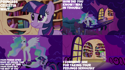 Size: 1280x720 | Tagged: safe, edit, edited screencap, editor:quoterific, screencap, princess celestia, spike, twilight sparkle, alicorn, dragon, pony, unicorn, g4, lesson zero, season 2, crown, female, golden oaks library, jewelry, male, mare, open mouth, regalia, smiling, spread wings, unicorn twilight, wings