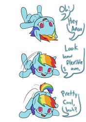 Size: 1000x1414 | Tagged: safe, artist:happy harvey, rainbow dash, pegasus, pony, g4, ass up, belly button, chest fluff, colored pupils, dialogue, featureless crotch, female, flexible, implied anon, legs in air, legs over head, legs raised, looking at you, lying down, mare, offscreen character, open mouth, phone drawing, raised tail, simple background, smiling, smiling at you, solo, stretching, tail, transparent background