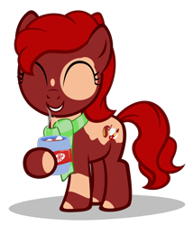 Size: 2520x2940 | Tagged: safe, artist:strategypony, oc, oc only, oc:chocolate belle, earth pony, pony, ^^, chocolate, chocolate milk, clothes, content, cute, earth pony oc, eyes closed, female, filly, foal, food, happy, high res, hoof hold, hot chocolate, kit kat, marshmallow, milk, mottled coat, mug, red mane, scarf, simple background, smiling, solo, spots, transparent background
