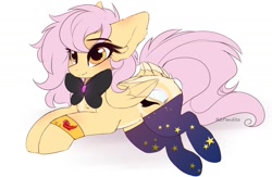 Size: 1750x1144 | Tagged: safe, artist:2pandita, oc, oc only, oc:tender mist, pegasus, pony, bowtie, clothes, female, lying down, mare, prone, simple background, socks, solo, white background