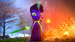 Size: 7680x4320 | Tagged: safe, artist:lagmanor, oc, oc only, oc:lagmanor amell, butterfly, pony, unicorn, 3d, absurd resolution, barefoot, black mane, burning, cape, clothes, dirt, dirty, dirty hooves, duality, facial scar, feet, fire, fireball, grass, grass field, holding, horn, looking at you, magic, male, mane, medallion, rock, scar, sky, solo, source filmmaker, spell, stallion, sword, telekinesis, tree, two sides, vignette, weapon