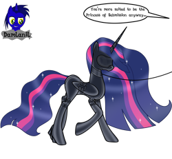 Size: 4154x3840 | Tagged: safe, artist:damlanil, twilight sparkle, alicorn, pony, series:becoming submissive, g4, the last problem, bdsm, blindfold, bondage, bondage mask, boots, bound wings, catsuit, clothes, collar, commission, corset, ethereal mane, female, gag, galaxy mane, gimp suit, high heels, hood, horn, implied discord, latex, latex boots, latex suit, leash, link in description, mare, muzzle gag, offscreen character, older, older twilight, older twilight sparkle (alicorn), princess twilight 2.0, raised hoof, rubber, rubber suit, shiny, shiny mane, shoes, show accurate, simple background, socks, solo, speech bubble, story, story included, thigh highs, transparent background, twilight sparkle (alicorn), vector, wings