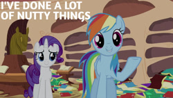 Size: 1280x720 | Tagged: safe, edit, edited screencap, editor:quoterific, screencap, rainbow dash, rarity, pegasus, pony, unicorn, dragon quest, g4, season 2, book, cute, dashabetes, female, golden oaks library, mare, smiling