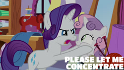 Size: 1280x720 | Tagged: safe, edit, edited screencap, editor:quoterific, screencap, rarity, sweetie belle, pony, unicorn, g4, marks for effort, season 8, bipedal, carousel boutique, duo, duo female, female, filly, mare, open mouth, siblings, squishy cheeks