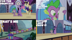 Size: 1280x720 | Tagged: safe, edit, edited screencap, editor:quoterific, screencap, care package, special delivery, spike, twilight sparkle, alicorn, dragon, pegasus, pony, g4, princess twilight sparkle (episode), season 4, female, friendship express, implied pinkie pie, male, mare, misspelling, open mouth, stallion, train, train station, twilight sparkle (alicorn)