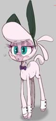 Size: 960x2064 | Tagged: safe, artist:hitsuji, pom (tfh), sheep, them's fightin' herds, blushing, bowtie, bunny ears, cloven hooves, community related, cuffs, cuffs (clothes), drunk, drunk bubbles, gray background, lidded eyes, simple background, solo