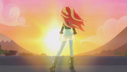 Size: 3410x1920 | Tagged: safe, screencap, sunset shimmer, equestria girls, g4, my little pony equestria girls: rainbow rocks, my past is not today, boots, canterlot high, clothes, female, high heel boots, high res, jacket, leather, leather jacket, shoes, solo, sun